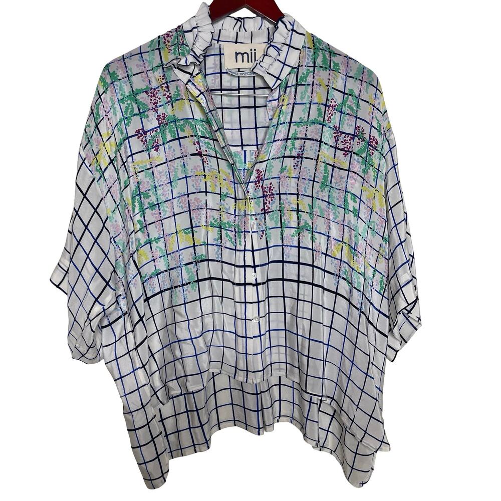 MII Collection Aux Cyclades 100% silk printed Japanese Sakura blouse sz S
